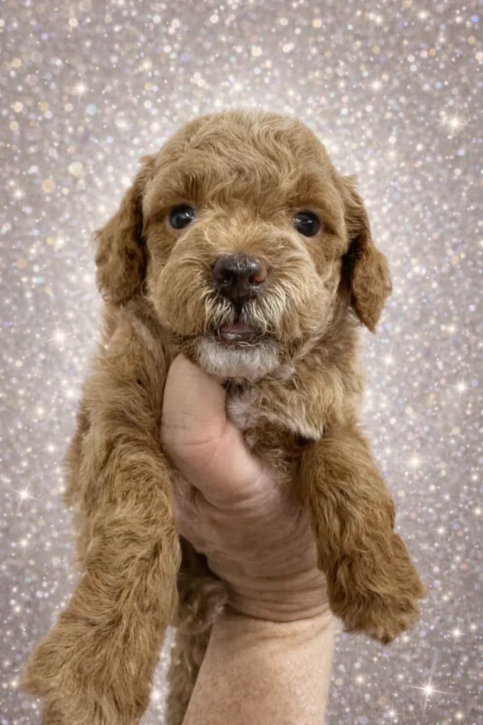 Apricot Curly Goldendoodle puppy named Captain America